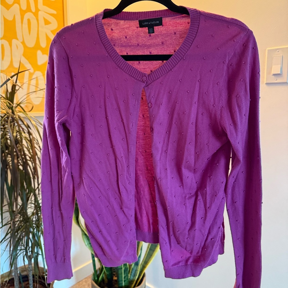 Lord & Taylor Magenta Pointelle Knit Cardigan Sweater